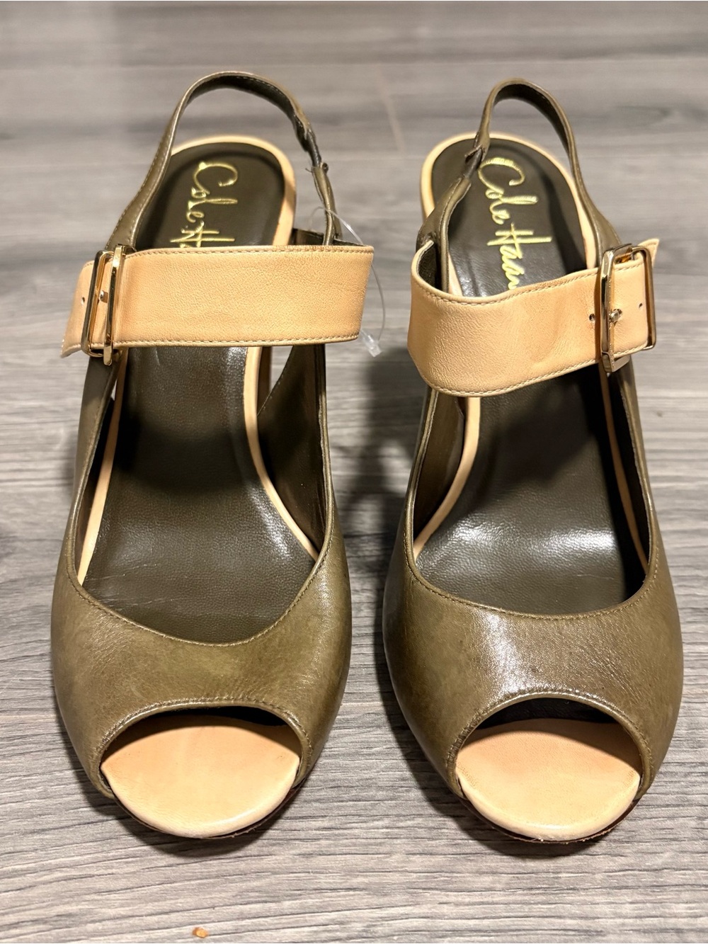 Cole Haan Olive Green and Tan Peep-Toe Slingback Heels with Buckle Strap